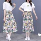 Set: Floral Midi A-line Skirt + Short-sleeve T-shirt