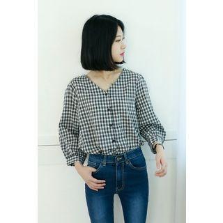 Petite Size V-neck Gingham Blouse