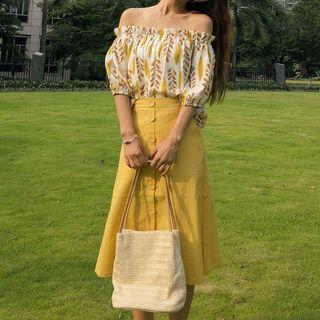 Set: Leaf Print Off-shoulder Blouse + Buttoned A-line Midi Skirt