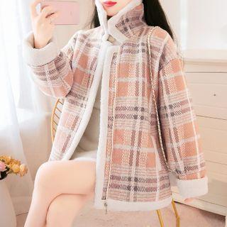 High-neck Plaid Panel Faux Fleece Jacket