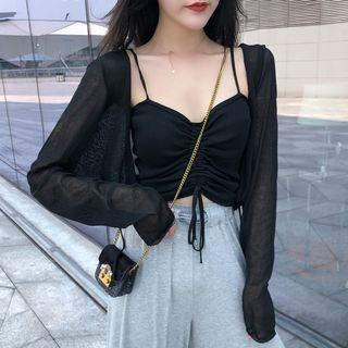 Set: Spaghetti Strap Drawstring Knit Top + Light Jacket