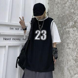 Mock Two-piece Number Print Elbow-sleeve T-shirt