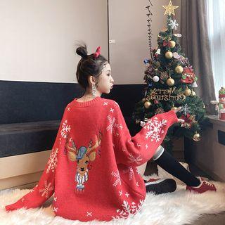 Reindeer Embroidered Snowflake Print Sweater