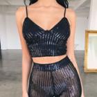 Sequined Spaghetti Strap Zip-back Cropped Top