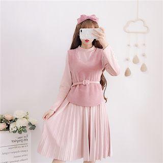 Set: Plain Vest + Mock Neck A-line Dress
