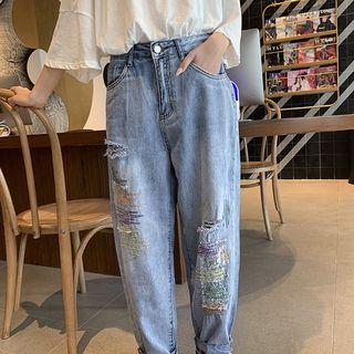 Embroidered Distressed Baggy Jeans
