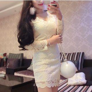 V-neck Lace Long-sleeve Bodycon Dress