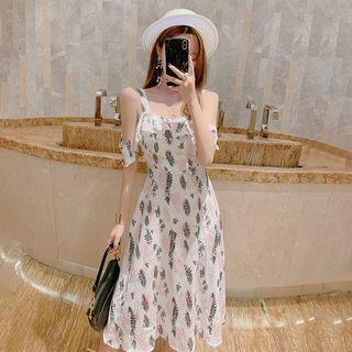 Leaf Print Open-back Cold Shoulder A-line Dress