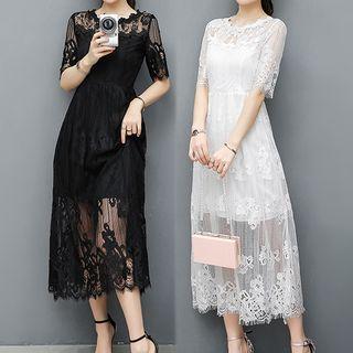 Elbow-sleeve Midi Lace Dress