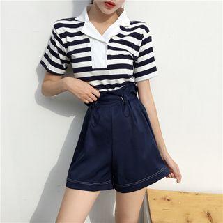Striped Short Sleeve Polo Shirt / Wide Leg Shorts