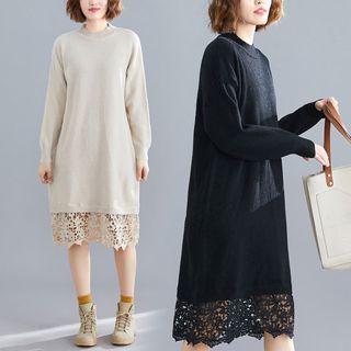 Lace Panel Semi High-neck Medium Maxi Knit Skirt