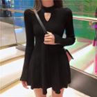 Plain Cutout Long-sleeve Slim-fit A-line Knit Dress