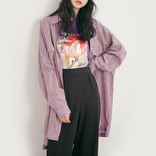 Gingham Long-sleeve Long Shirt Purple - One Size