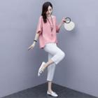 Set: Elbow-sleeve Two Tone Blouse + Straight-fit Pants