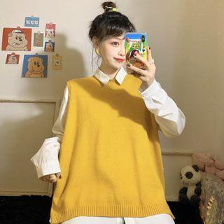 Slitted Knit Vest / Plain Shirt