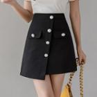Faux Pearl Button Asymmetric Mini A-line Skirt