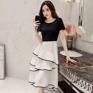 Short-sleeve Color-block Ruffled Dress
