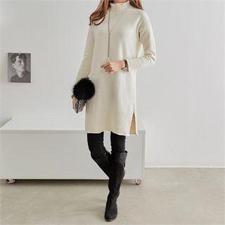 Mock-neck Rib-trim Knit Dress