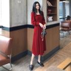 Square-neck Plain Velvet Midi A-line Dress