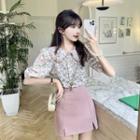 Puff-sleeve Floral Print Shirt + Plain Mini Skirt