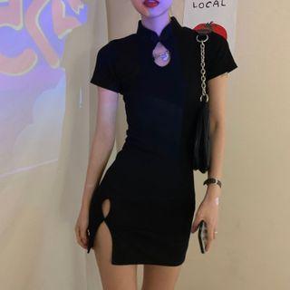 Mandarin Collar Short-sleeve Cutout Mini Bodycon Dress As Shown In Figure - One Size