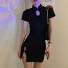 Mandarin Collar Short-sleeve Cutout Mini Bodycon Dress As Shown In Figure - One Size
