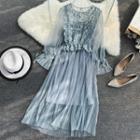 Set: Slipdress + Long-sleeve Lace Panel A-line Midi Dress
