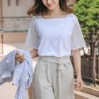 Square-neck Lace-sleeve T-shirt