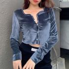 Long-sleeve Buttoned Velvet Crop Top