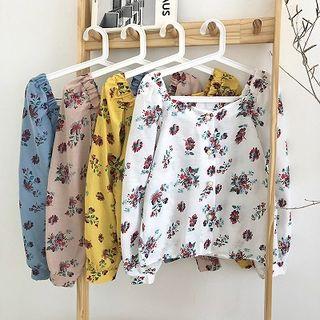 Floral Print Faux Pearl Sweetheart Neckline Blouse