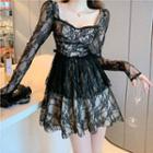 Long-sleeve Square-neck Lace Mini A-line Dress