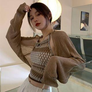 Set: Halter Argyle Camisole Top + Cardigan Set Of 2 - Camel - One Size