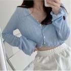 Plain Single-breasted Long-sleeve Knitted Crop Top