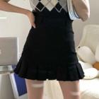 High-waist Wood Ear Trim A-line Mini Skirt