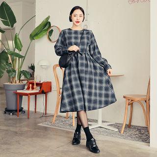 Drawstring-waist Checked A-line Dress