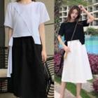 Set: Short-sleeve Asymmetrical T-shirt + A-line Midi Skirt