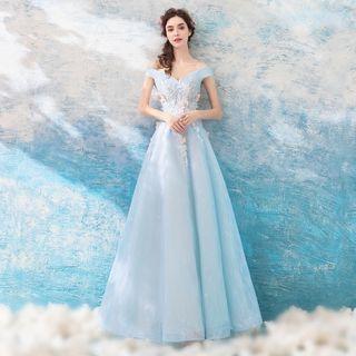 Butterfly Applique Off Shoulder Evening Gown