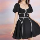 Puff Short-sleeve Square-neck Contrast-trim Lace-up Dress