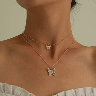 Set : Butterfly Pendant Alloy Choker + Butterfly Rhinestone Pendant Alloy Necklace