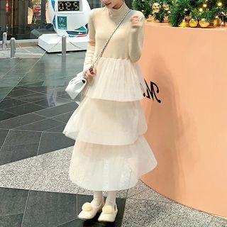 Mock Neck Tiered Midi Sweater Dress