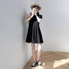 Plain Pleated Button-up A-line Dress Black - One Size