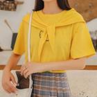 Elbow-sleeve Embroidered Letter Hood Attached T-shirt