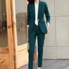 Set: Plain Blazer + Straight-cut Pants + Tie-neck Blouse