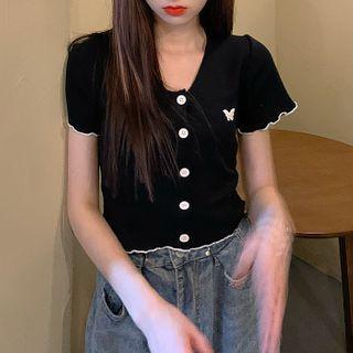 Embroidered Ruffle Trim Crop T-shirt