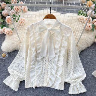 Bow Collar Ruffle Cutout Long-sleeve Top