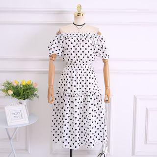 Polka Dot Short-sleeve Off-shoulder A-line Dress