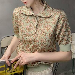 Short-sleeve Floral Jacquard Polo Shirt Green - One Size
