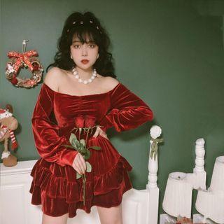 Long-sleeve Velvet Mini A-line Dress / Head Band