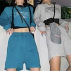 Long-sleeve Embroidered T-shirt / Plain High-waist Shorts
