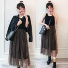 Denim Jacket / Sleeveless Sheer Panel Midi Dress / Set